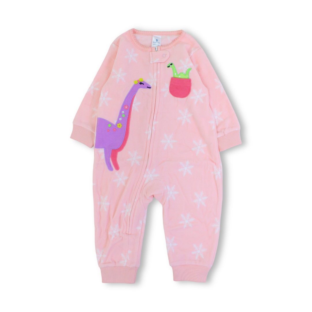 Baby Girls Velvet Footless Onesie – Pink with Dino Design