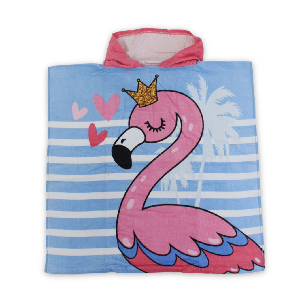 Girls Poncho – Baby Blue with Flamingo Print - Clothing - Konooz