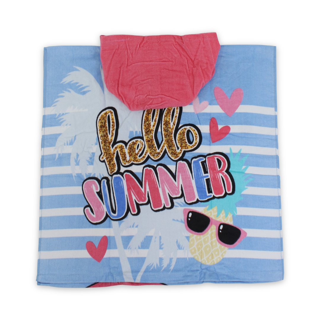 Girls Poncho – Baby Blue with Flamingo Print