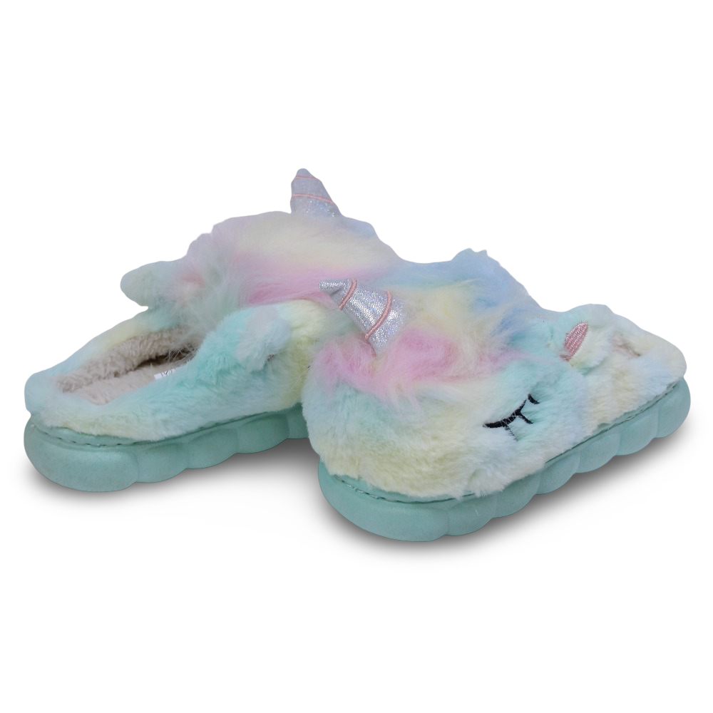Girls Fur Slippers – Aqua with Unicorn Design