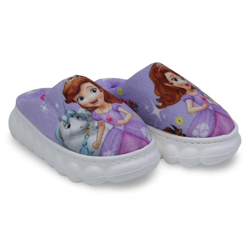 Girls Fur Slippers – Purple with Sofia Design - Clothing - Konooz