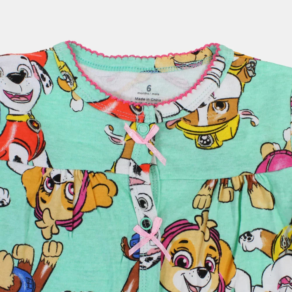 Baby Girls Cotton Romper – Mint Green with Paw Patrol Print