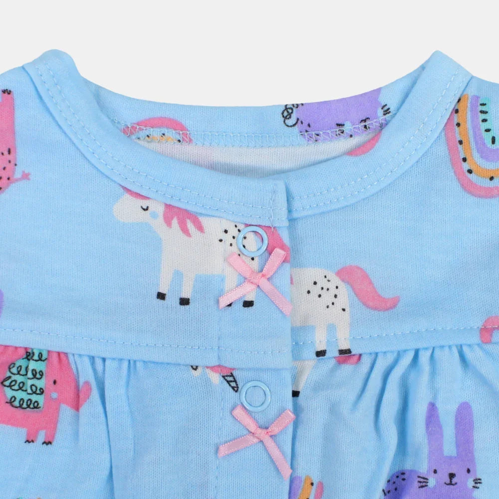 Baby Girls Cotton Romper – Light Blue with Unicorn and Animals Print