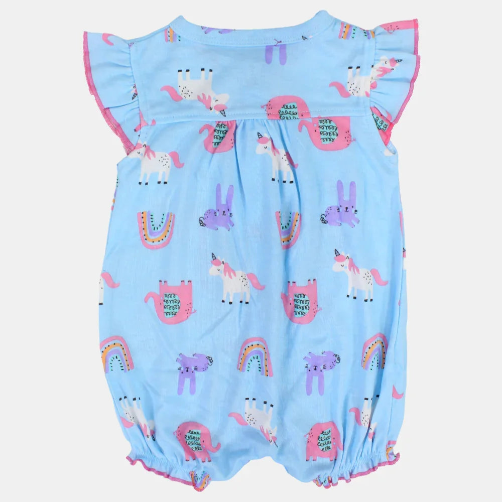 Baby Girls Cotton Romper – Light Blue with Unicorn and Animals Print