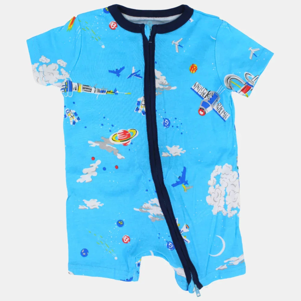 Baby Boys Cotton Romper – Turquoise with Space Print and Zipper Detail