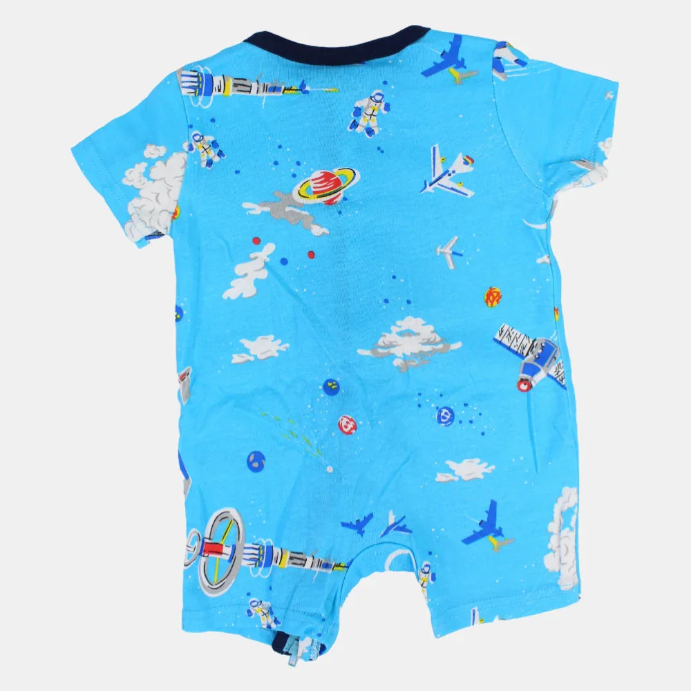 Baby Boys Cotton Romper – Turquoise with Space Print and Zipper Detail