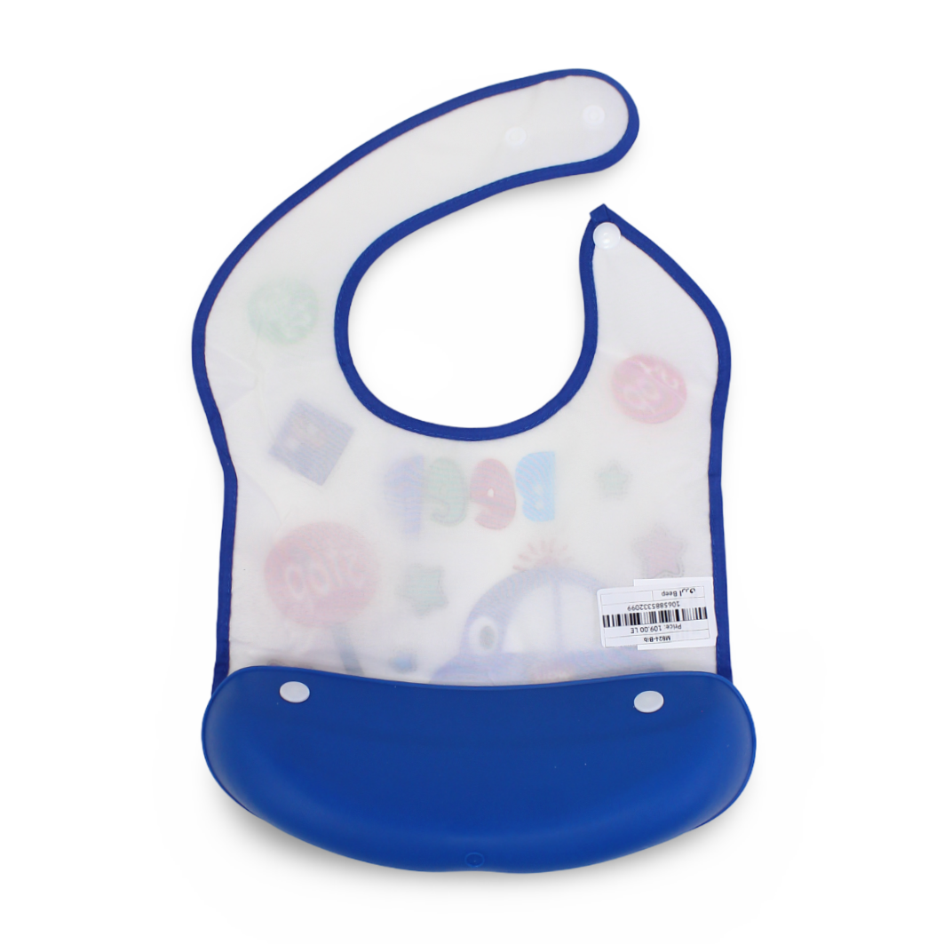 Silicone Baby Bib with Food-Catching Pocket – Blue with Beep-Beep Print