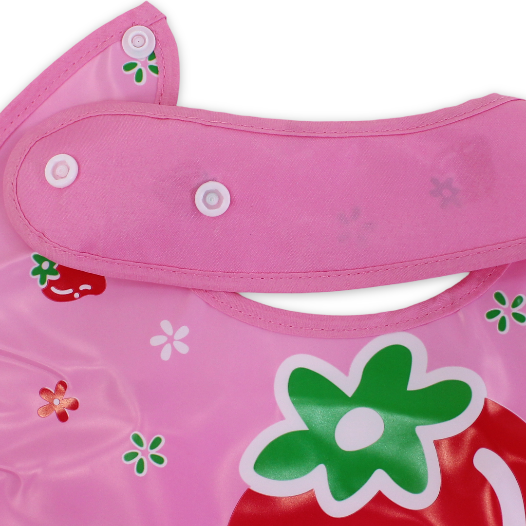 Silicone Baby Bib with Food-Catching Pocket – Pink with Strawberry Print