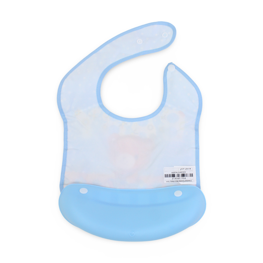 Silicone Baby Bib with Food-Catching Pocket – Baby Blue with Bear Print