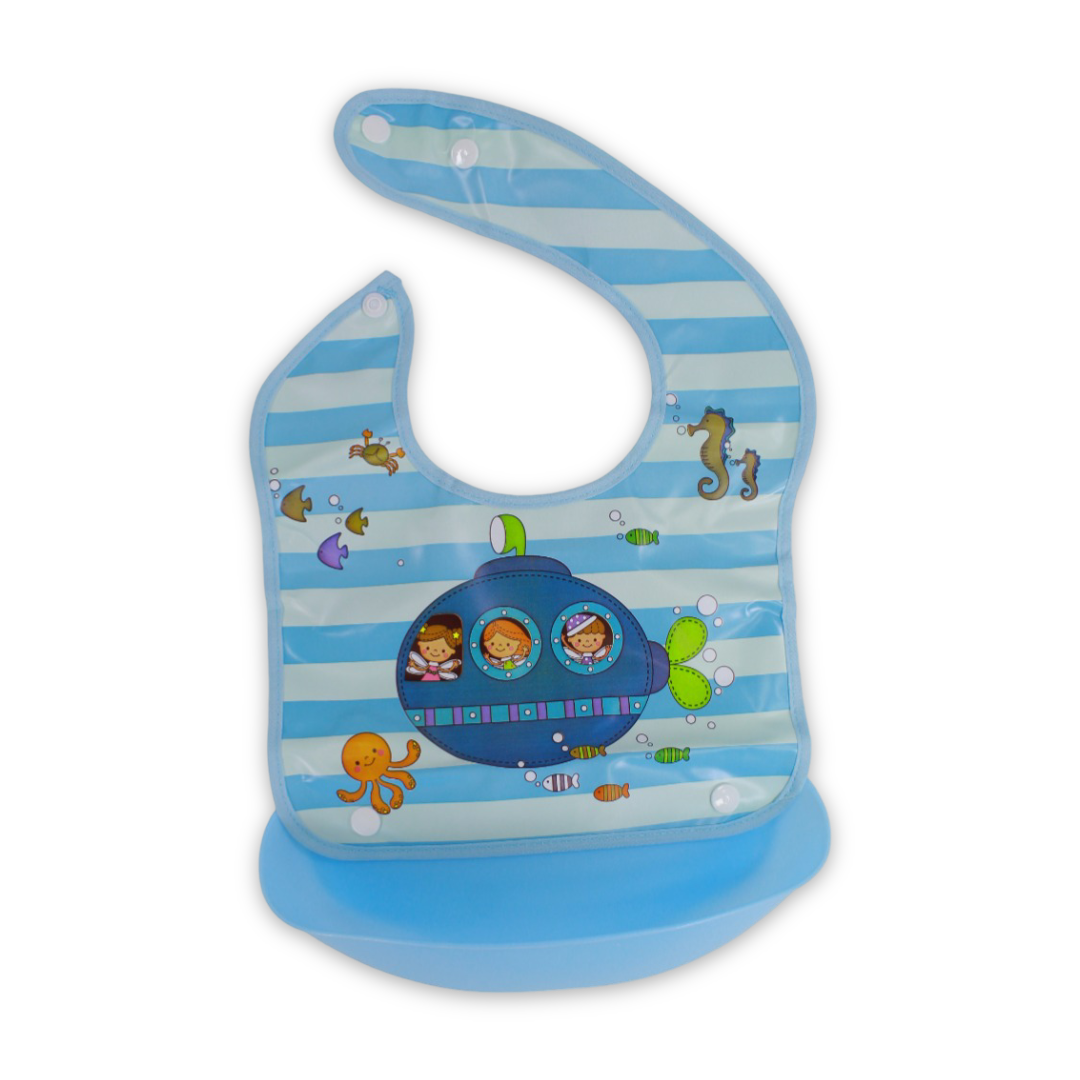Silicone Baby Bib with Food-Catching Pocket – Baby Blue with Submarine Print - Baby Essentials - Bella Bambino