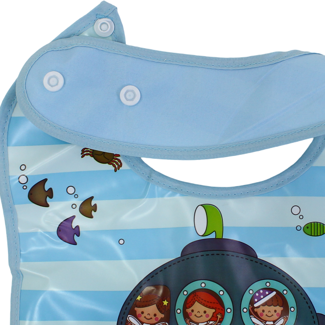 Silicone Baby Bib with Food-Catching Pocket – Baby Blue with Submarine Print