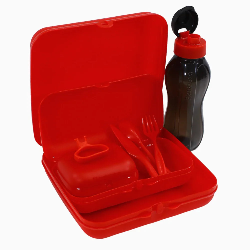 Red Plastic Lunch Box Set – (5-in-1 Easy Lock)
