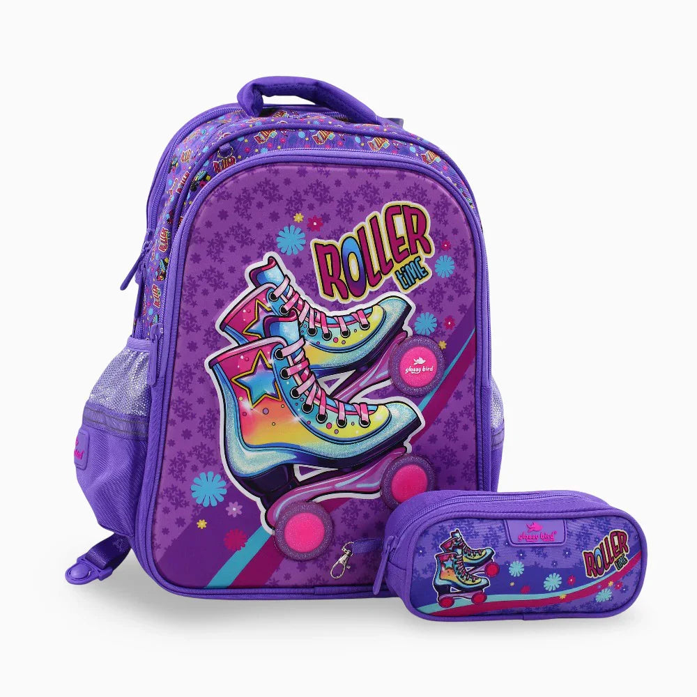 Roller Time School Set – 17 Inches, Purple, Sleek & Sporty (Backpack + Pencil Case) - Glossy Bird