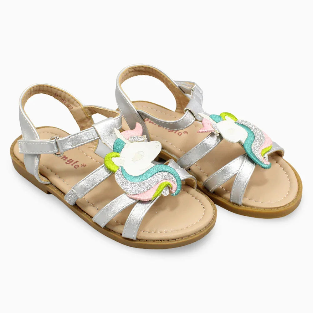 Girls Leather Sandals – Silver with Unicorn Detail - Clothing - Danda