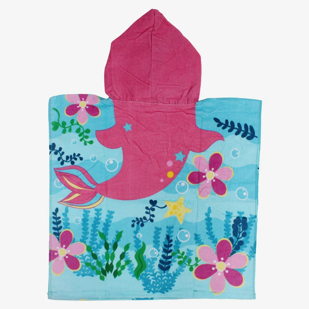 Girls Poncho Beach Towel with Hoodie - Aqua with Dolphin Print