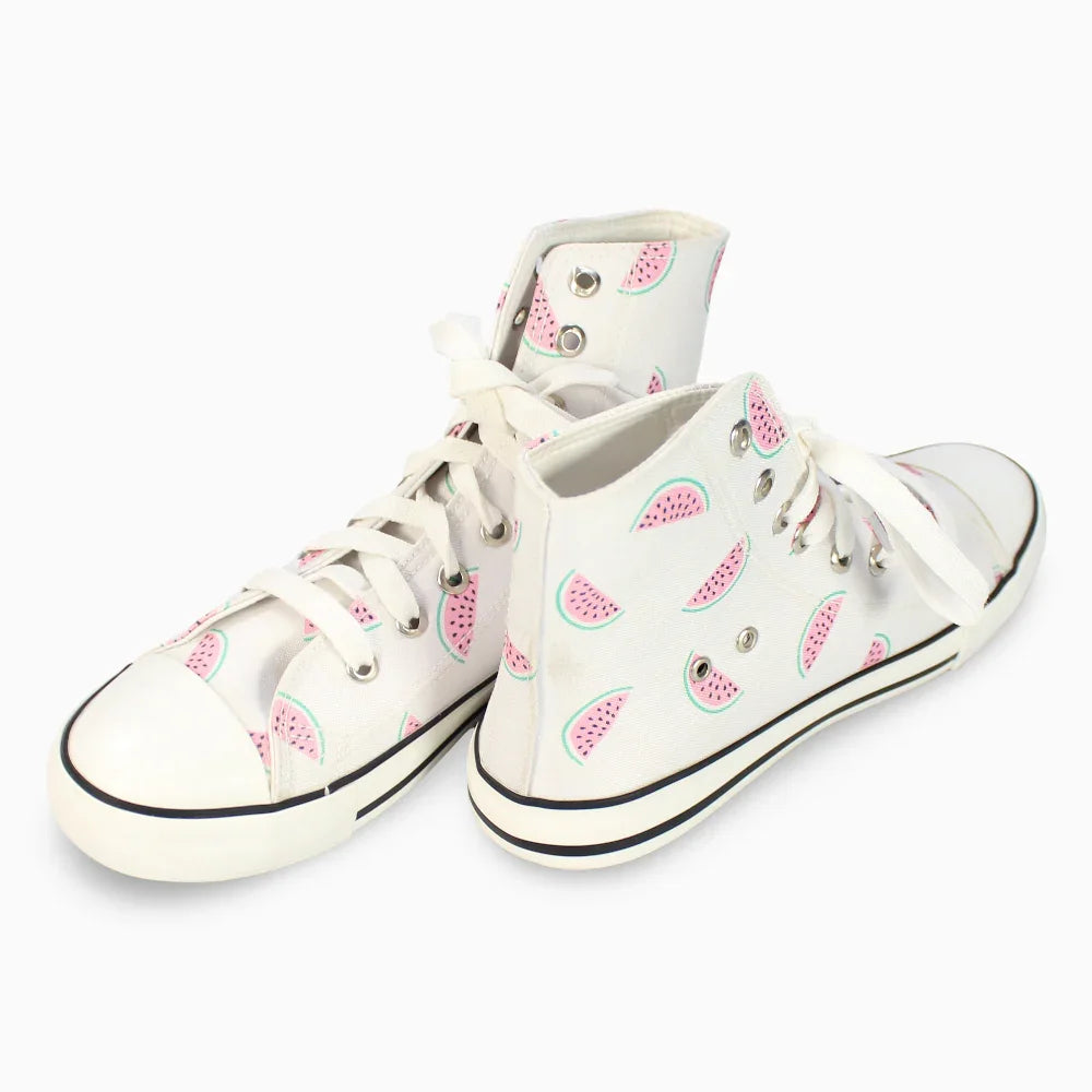 Girls Canvas Half Boots  - White with Watermelon Print