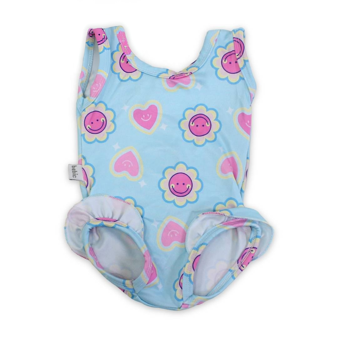 Baby Girls One-Piece Swimsuit – Baby Blue with Smiley Faces & Hearts Print - Clothing - Bebic for kids