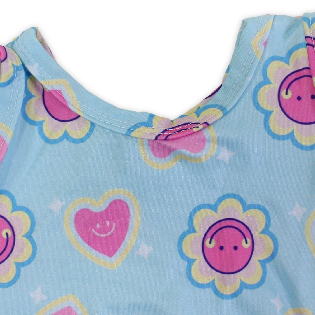 Baby Girls One-Piece Swimsuit – Baby Blue with Smiley Faces & Hearts Print