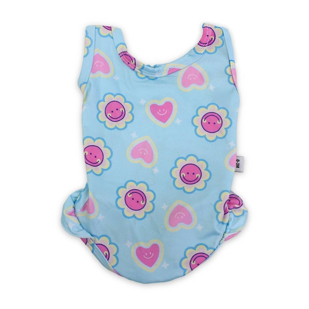 Baby Girls One-Piece Swimsuit – Baby Blue with Smiley Faces & Hearts Print