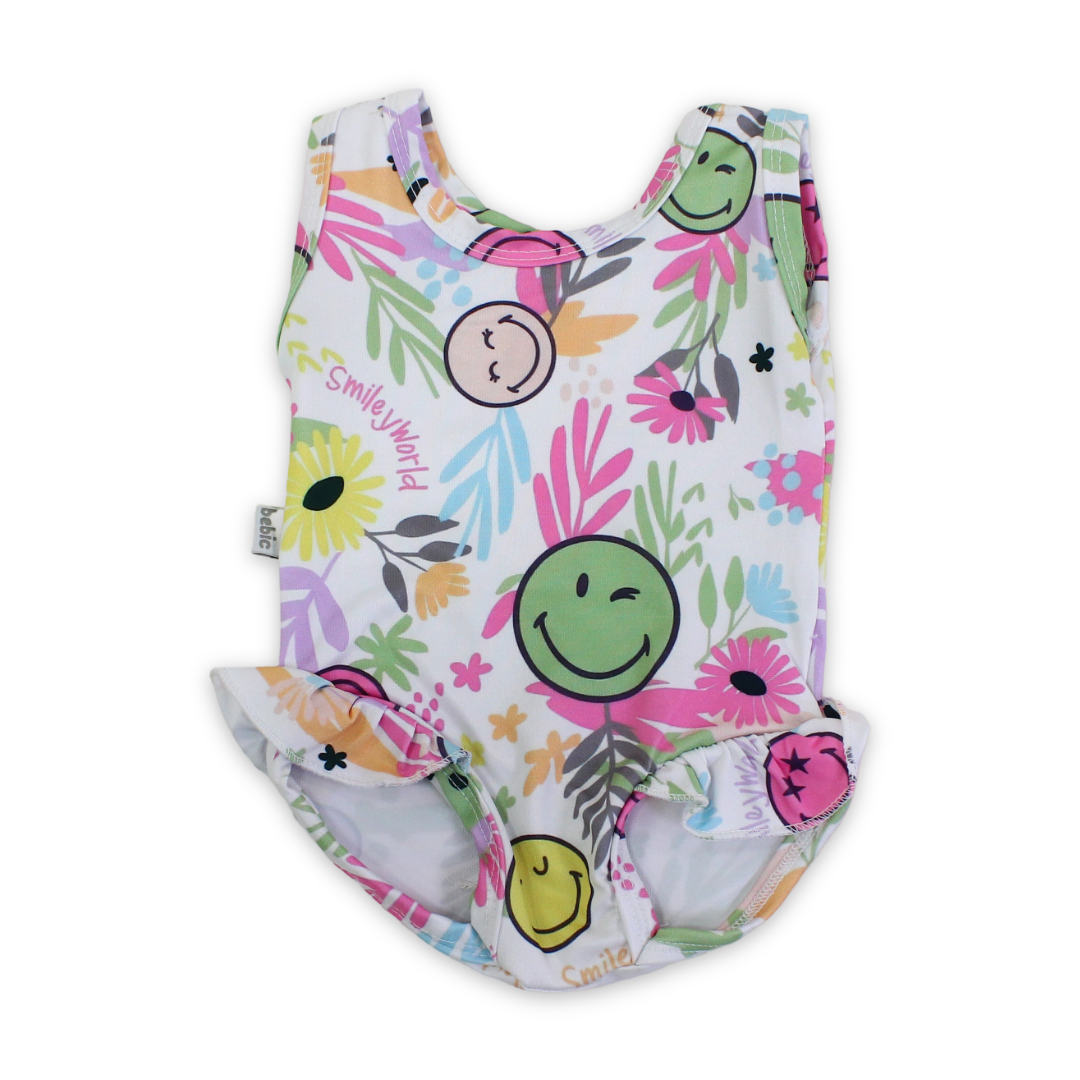 Baby Girls One-Piece Swimsuit – White with Smiley Faces Print - Clothing - Bebic for kids