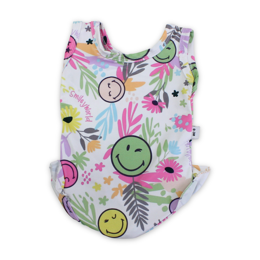 Baby Girls One-Piece Swimsuit – White with Smiley Faces Print