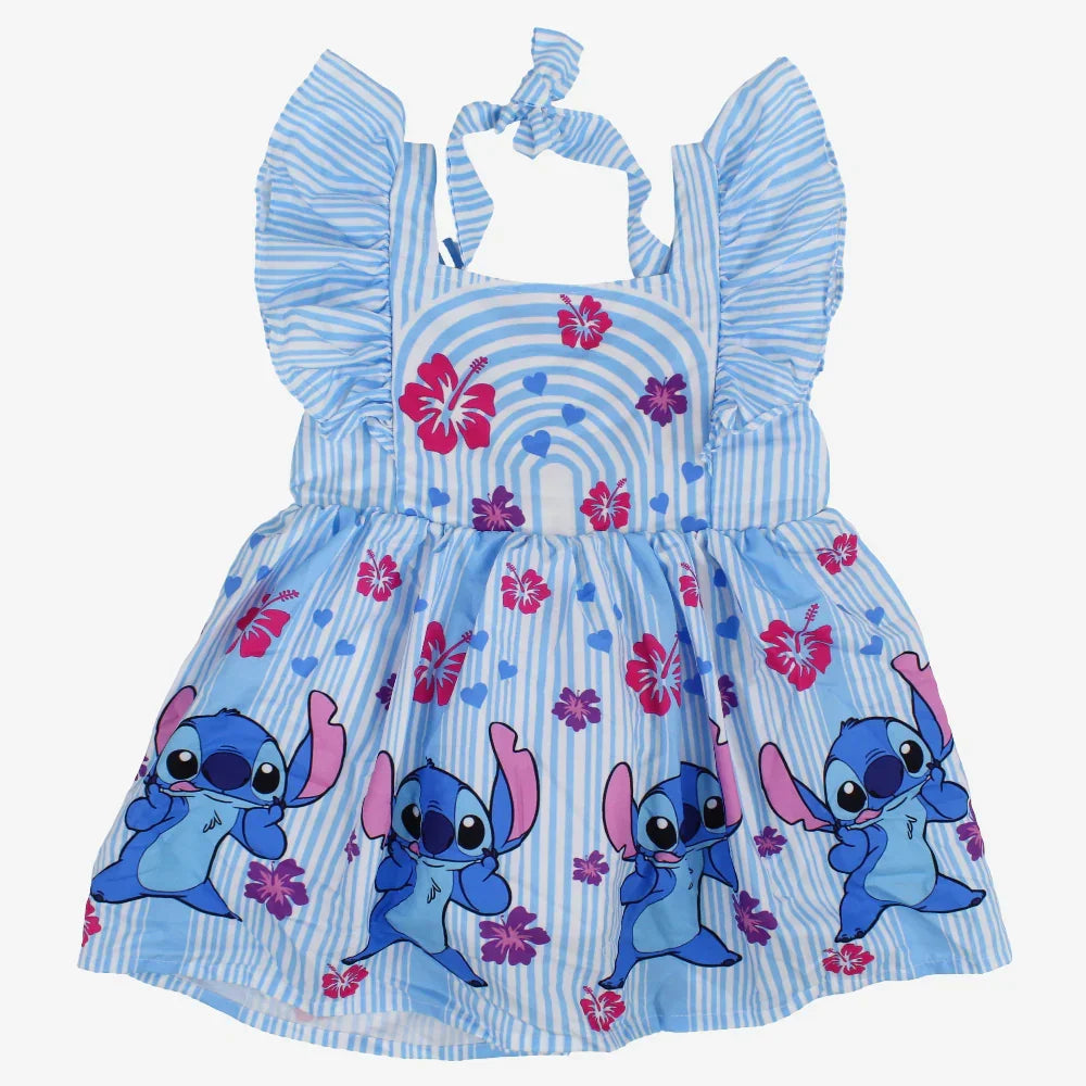 Girls Cotton Dress – Light Blue with Stitch Print