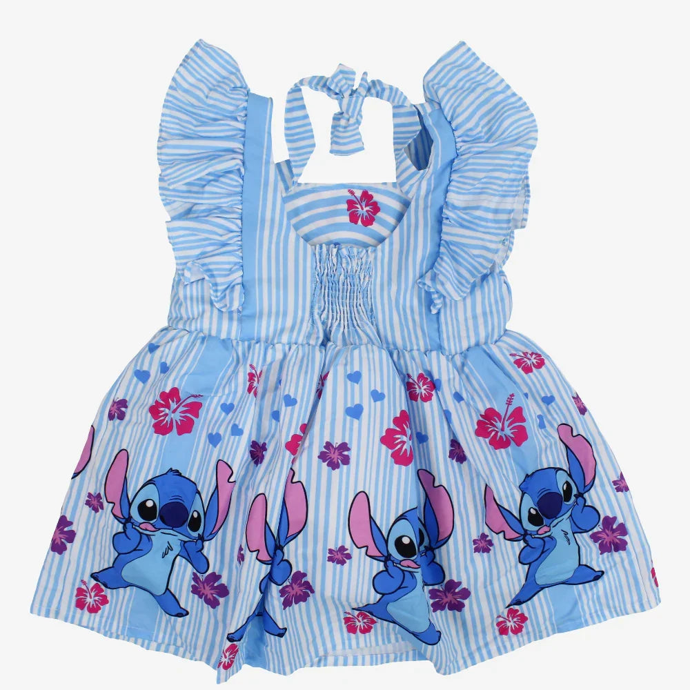 Girls Cotton Dress – Light Blue with Stitch Print