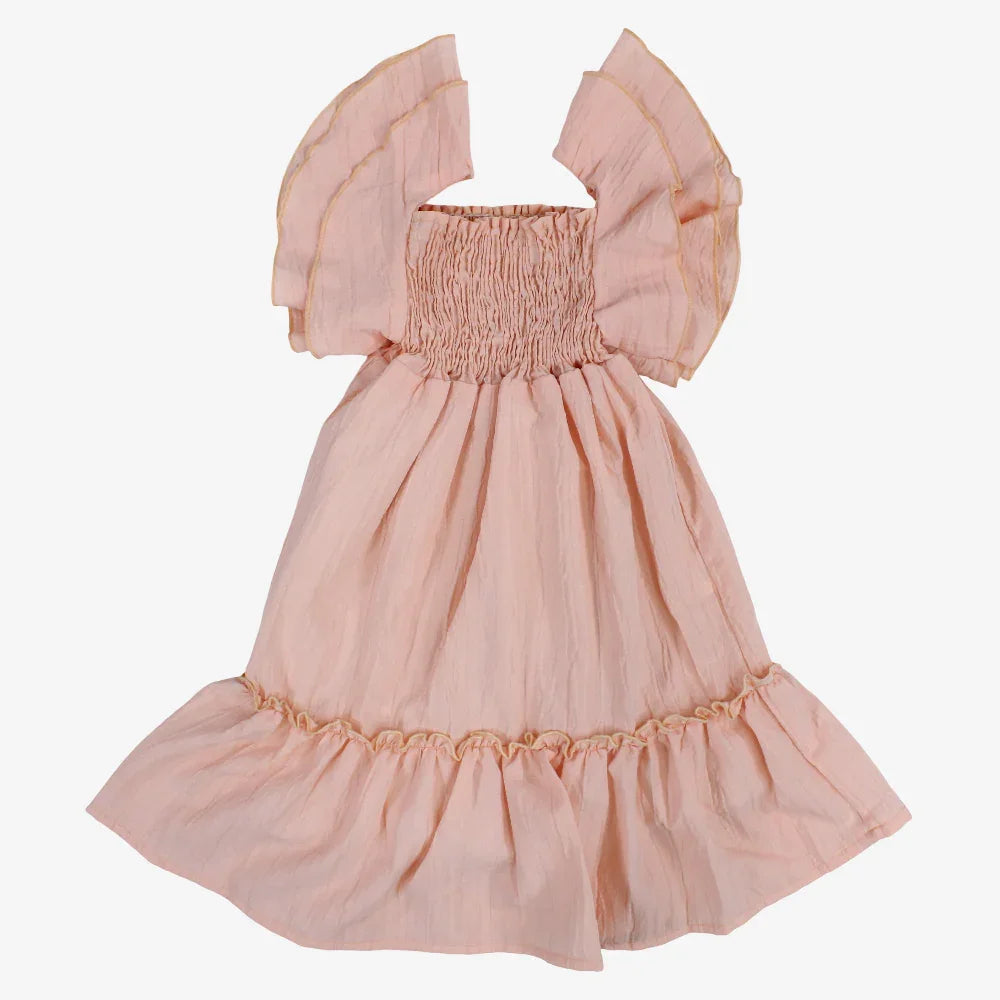 Girls Cotton Dress – Salmon with Ruffled Shoulders