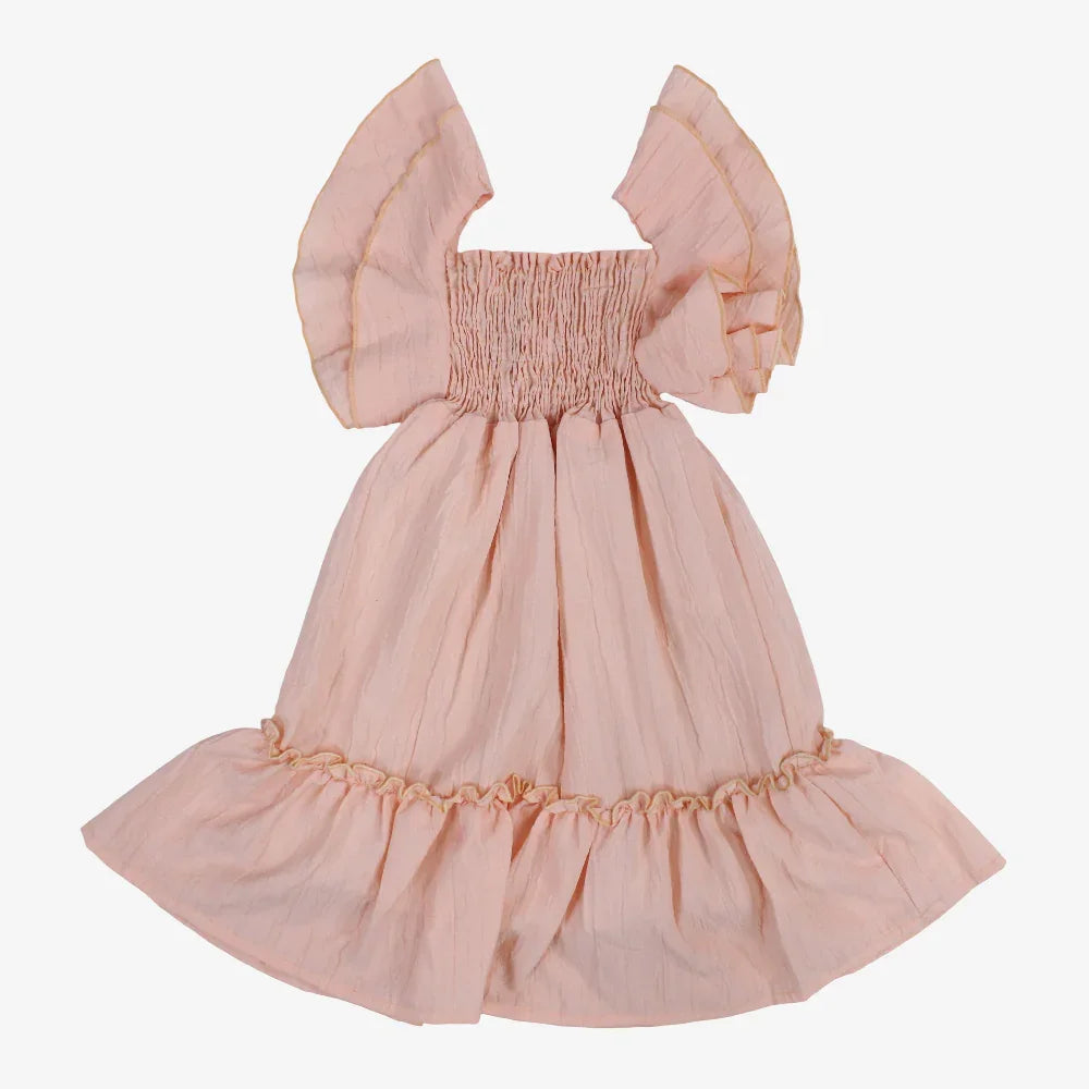 Girls Cotton Dress – Salmon with Ruffled Shoulders