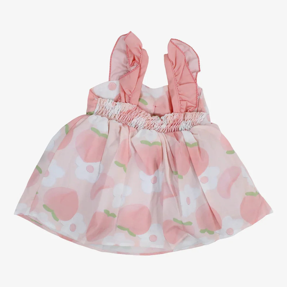 Baby Girls Cotton Dress – Salmon with Bow & Floral Print