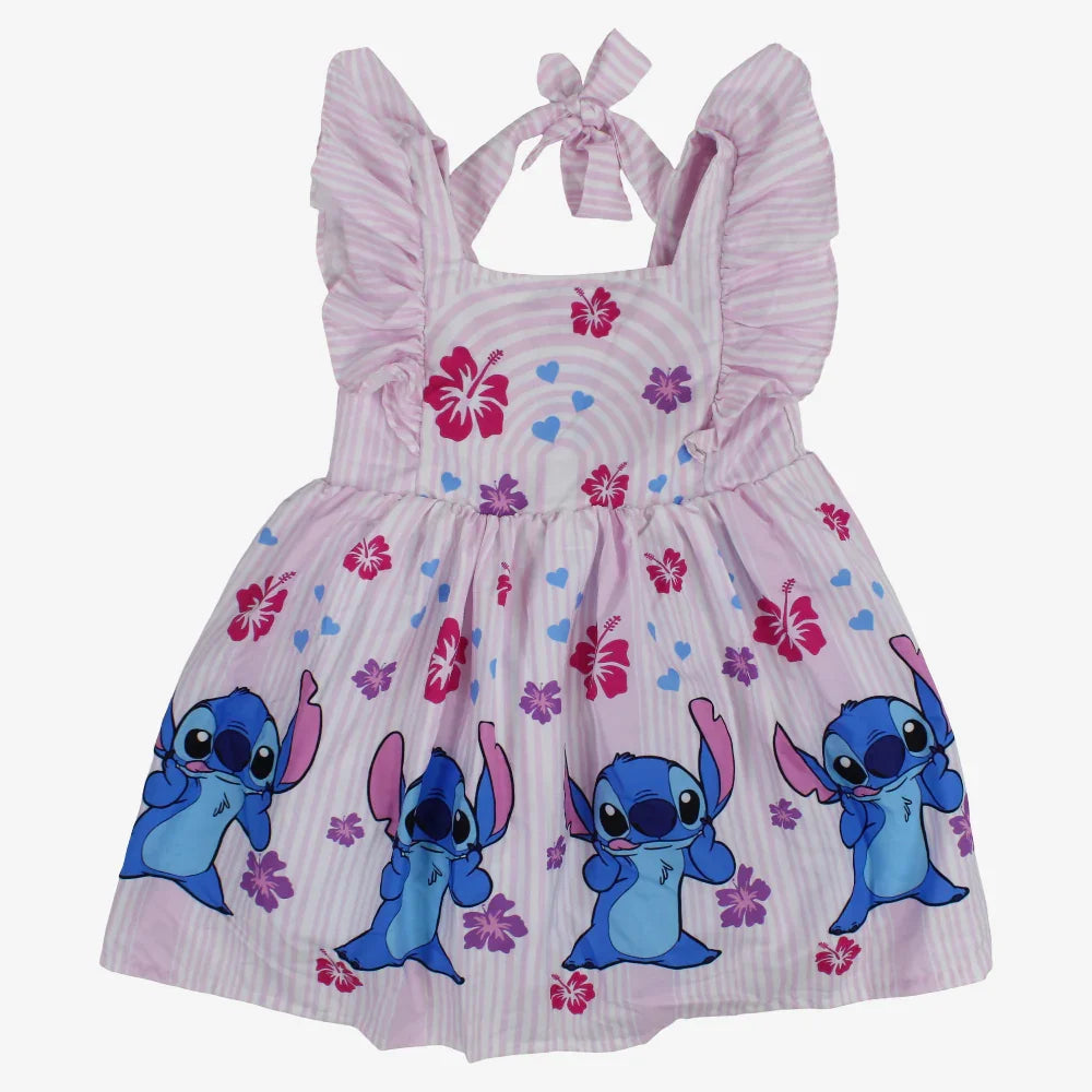 Girls Cotton Dress – Pink with Stitch Print