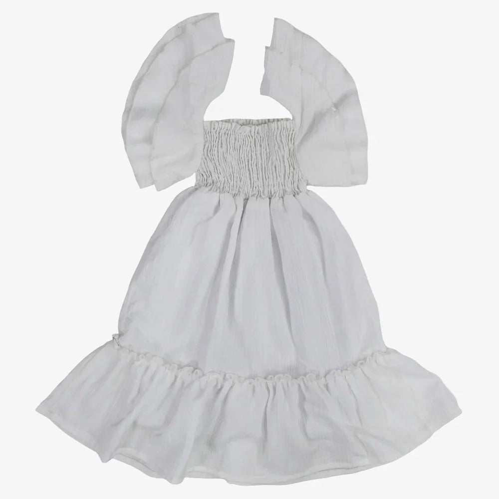 Girls Cotton Dress – Off-White with Ruffled Shoulders
