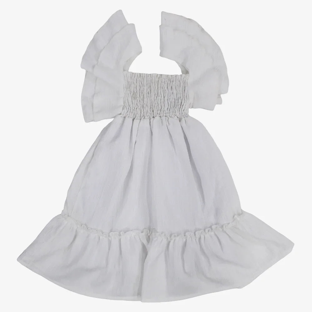 Girls Cotton Dress – Off-White with Ruffled Shoulders