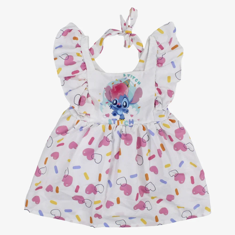 Girls Cotton Dress – Off-white with Stitch Print