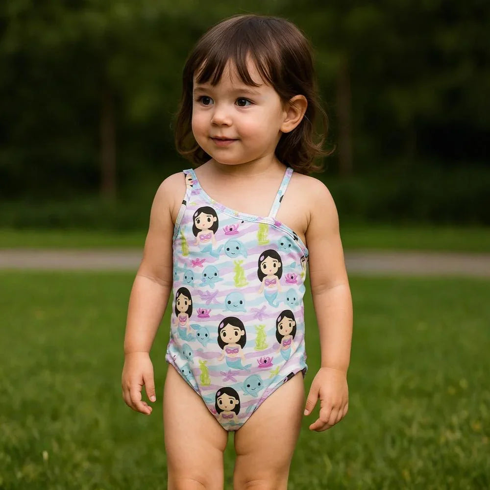 Baby Girls Swimsuit - White with Cute Mermaids Print