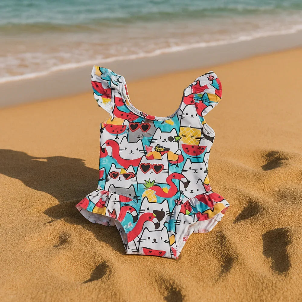 Baby Girls Swimsuit - White with Colorful Cats Print