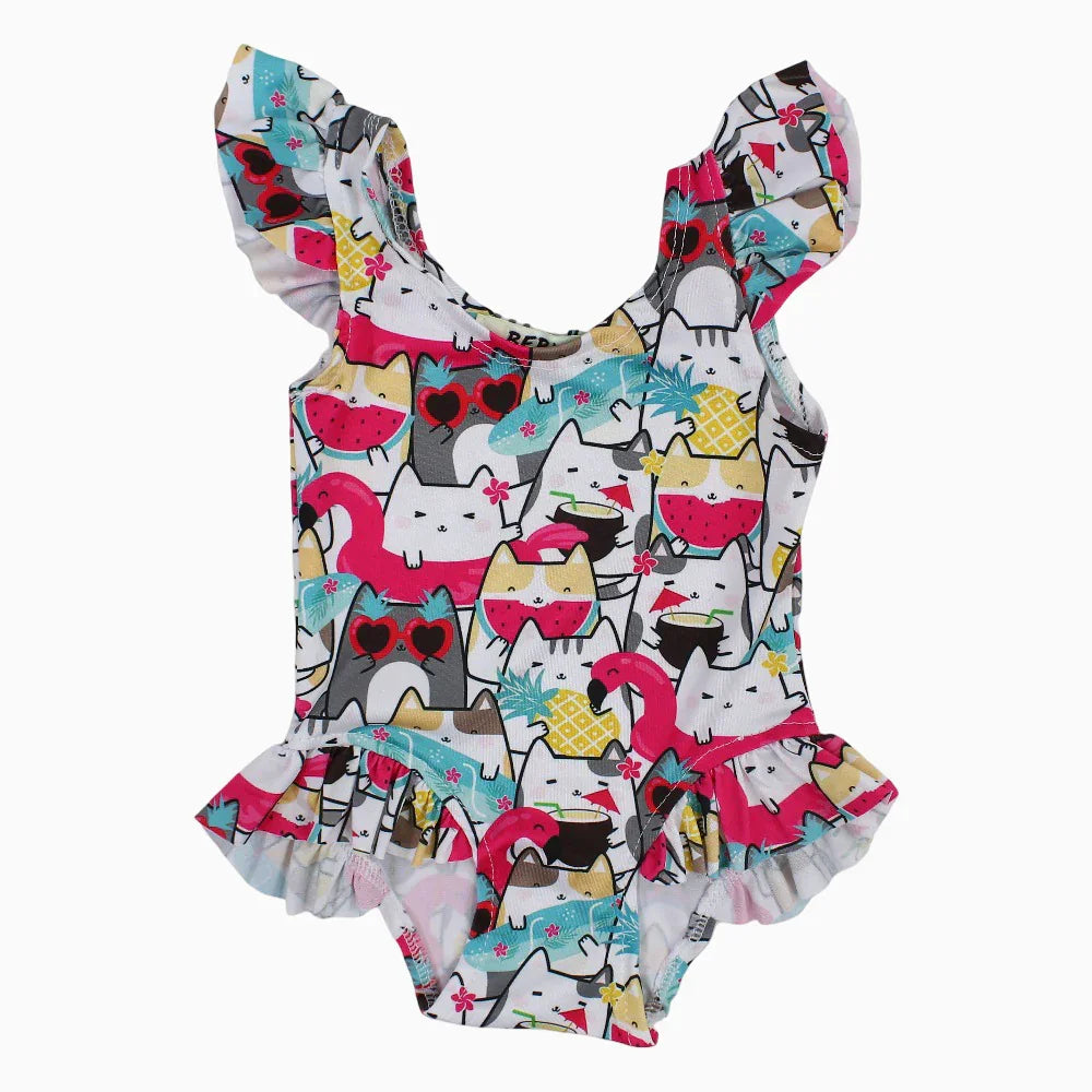 Baby Girls Swimsuit - White with Colorful Cats Print