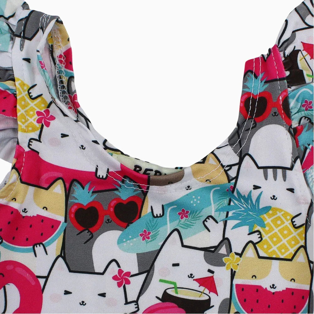 Baby Girls Swimsuit - White with Colorful Cats Print