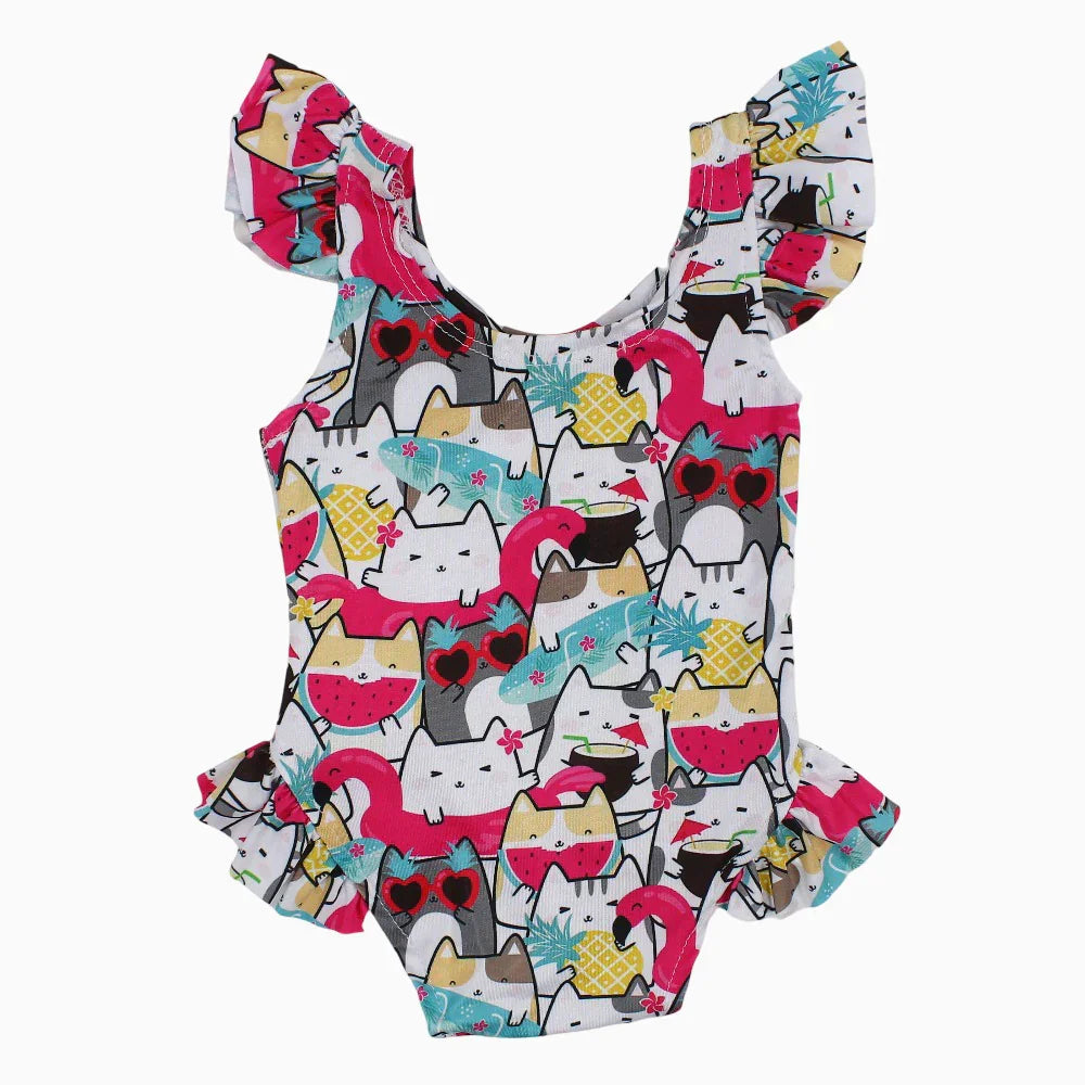 Baby Girls Swimsuit - White with Colorful Cats Print