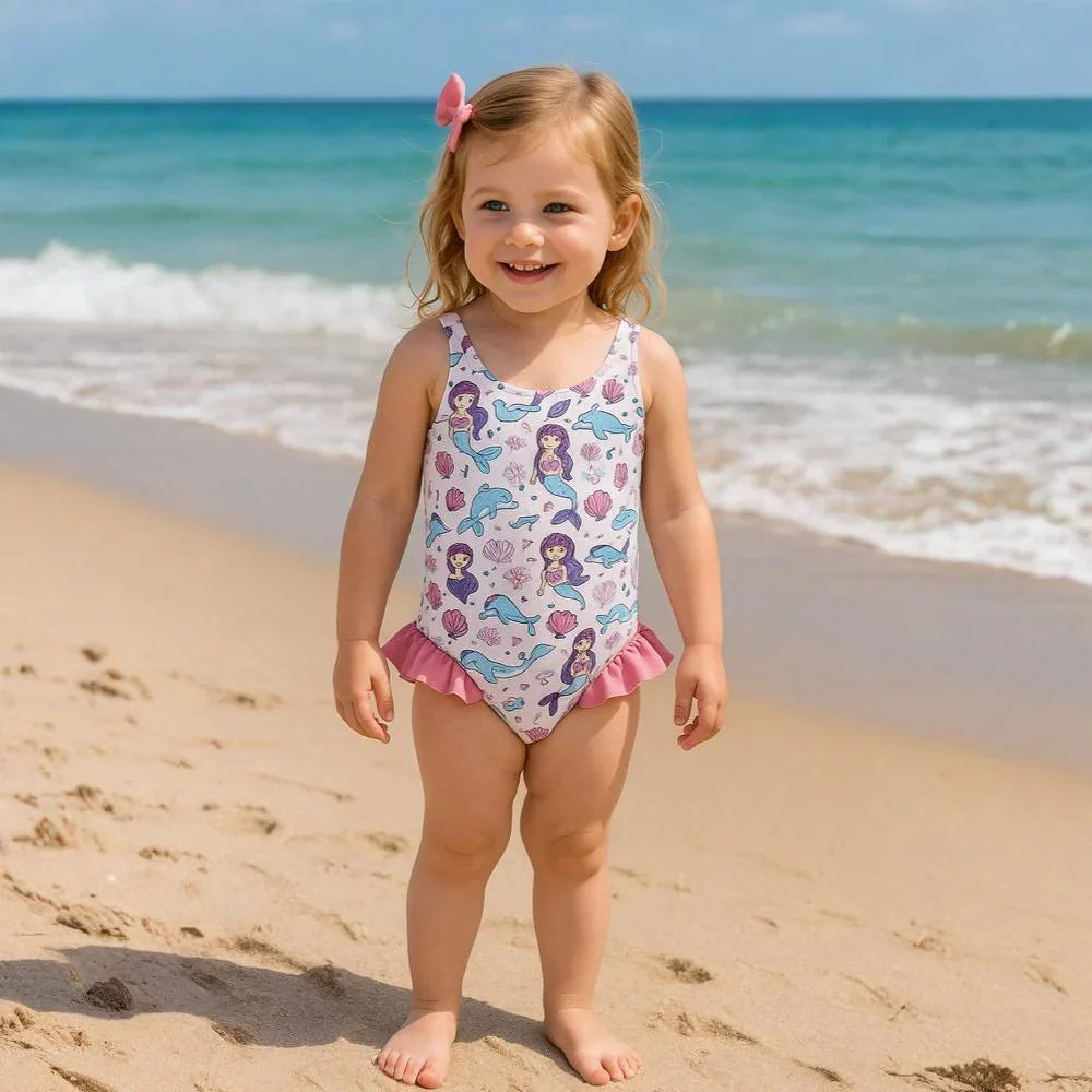 Girls Swimsuit - White with Under the Sea Print