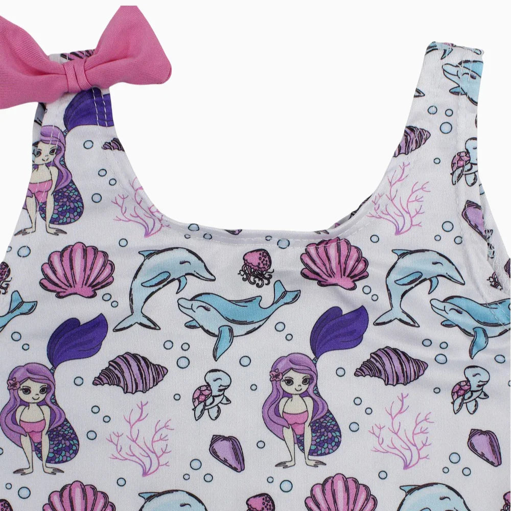 Girls Swimsuit - White with Under the Sea Print