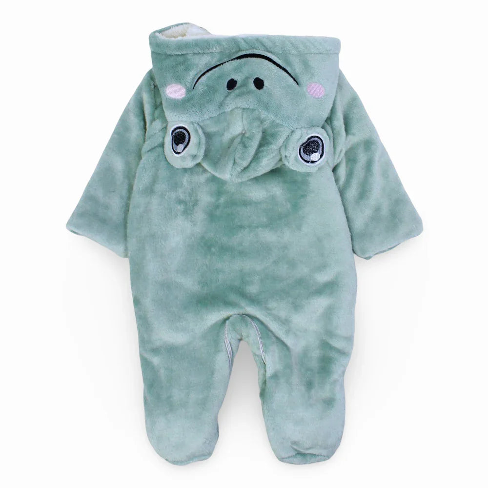 Unisex Baby Velvet Hooded Baby Footie – Mint with Frog Design