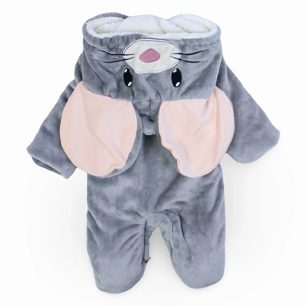Unisex Baby Velvet Hooded Baby Footie – Grey with Mouse Design