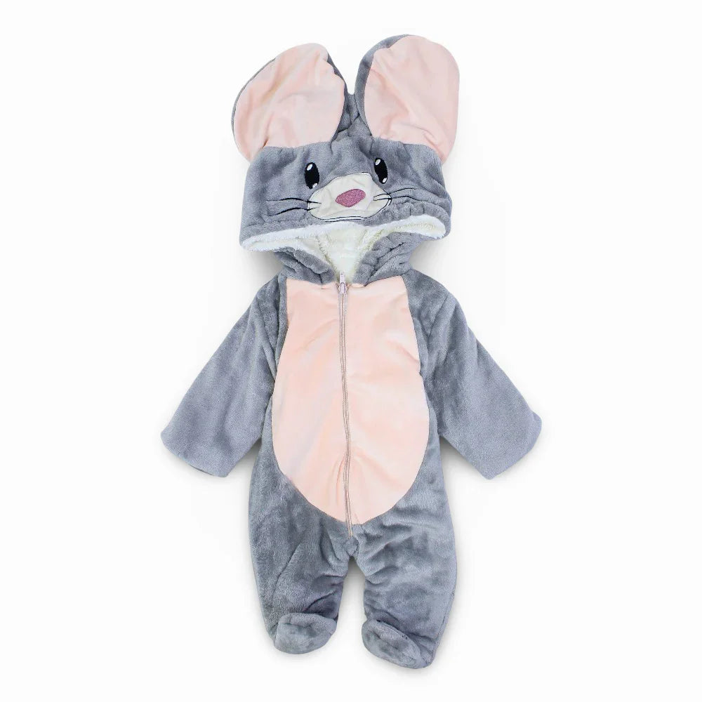 Unisex Baby Velvet Hooded Baby Footie – Grey with Mouse Design