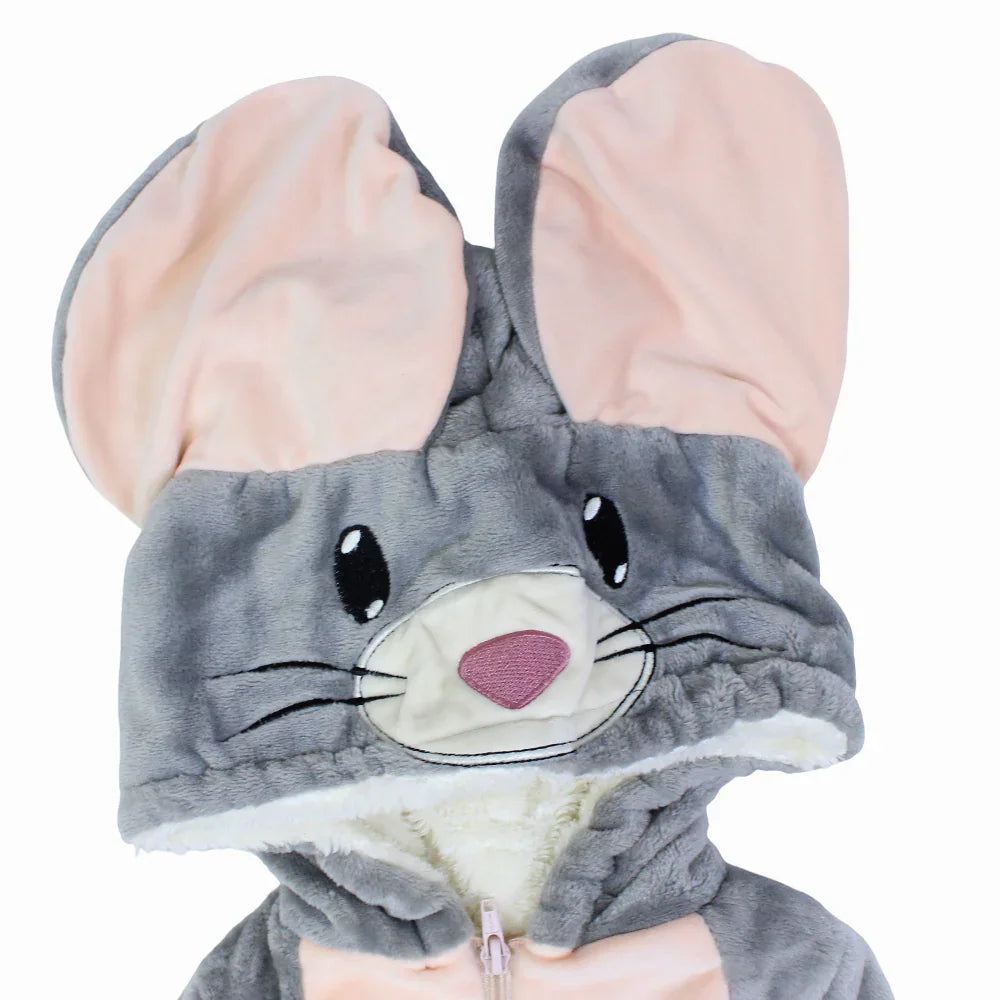 Unisex Baby Velvet Hooded Baby Footie – Grey with Mouse Design