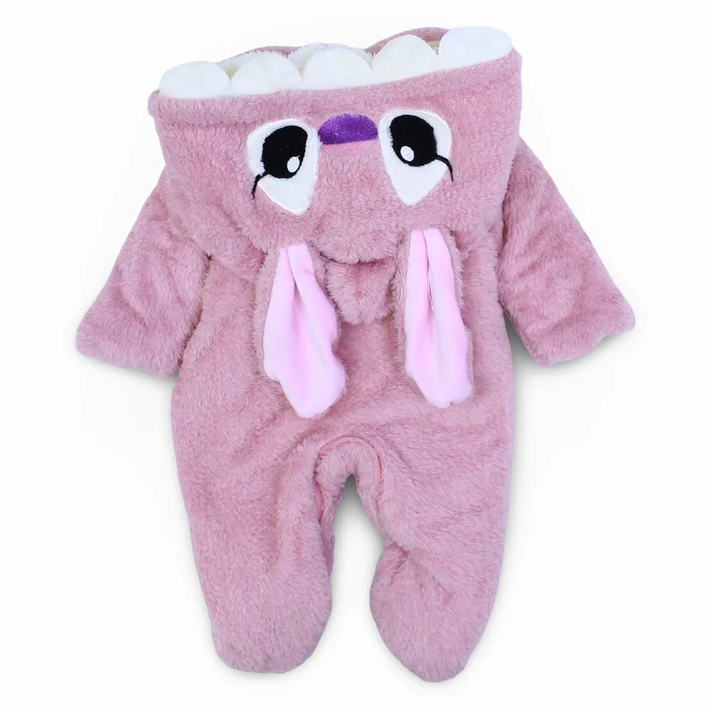Baby Girls Fleeced Hooded Baby Footie – Purple with Stitch Design