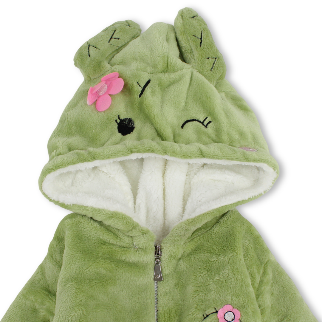 Baby Girls Fleece Hooded Baby Footie Onesie – Green with Cactus Design