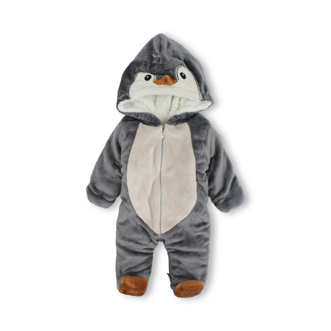 Baby Boys Fleece Hooded Baby Footie – Grey with Penguin Design