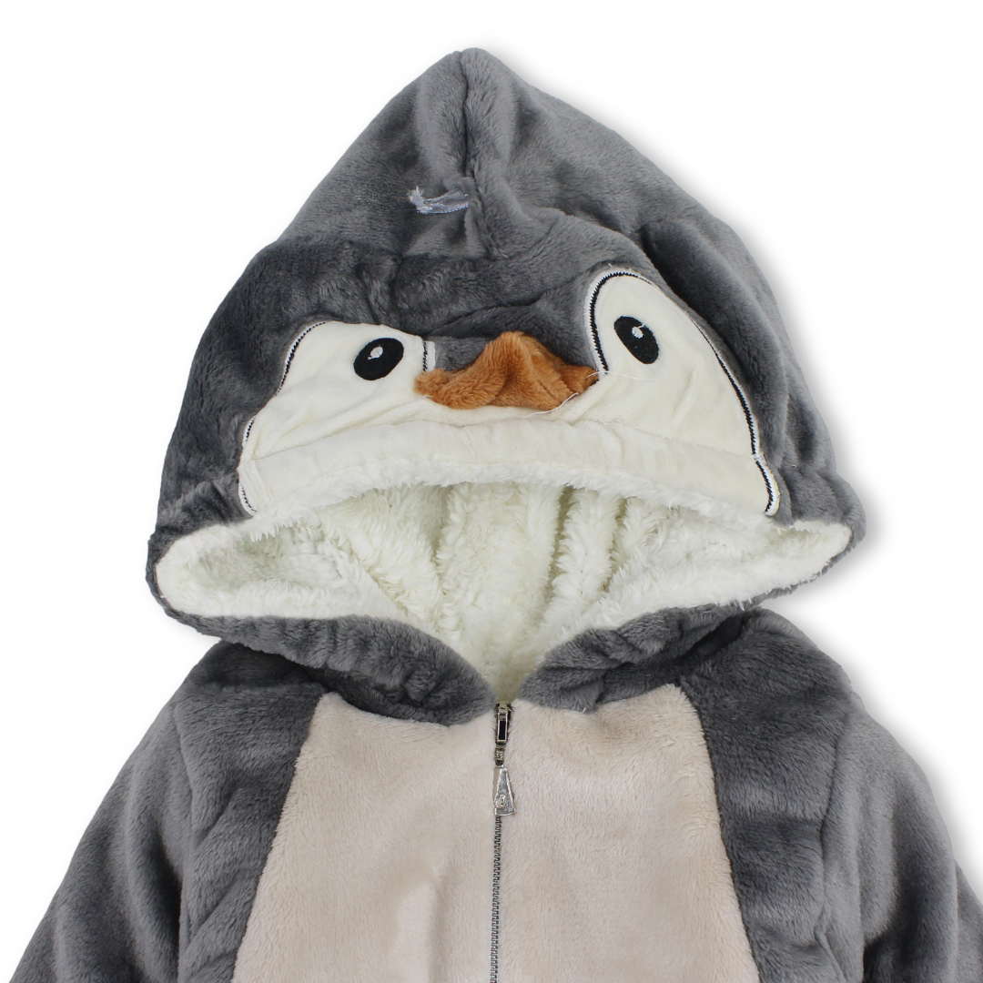 Baby Boys Fleece Hooded Baby Footie – Grey with Penguin Design
