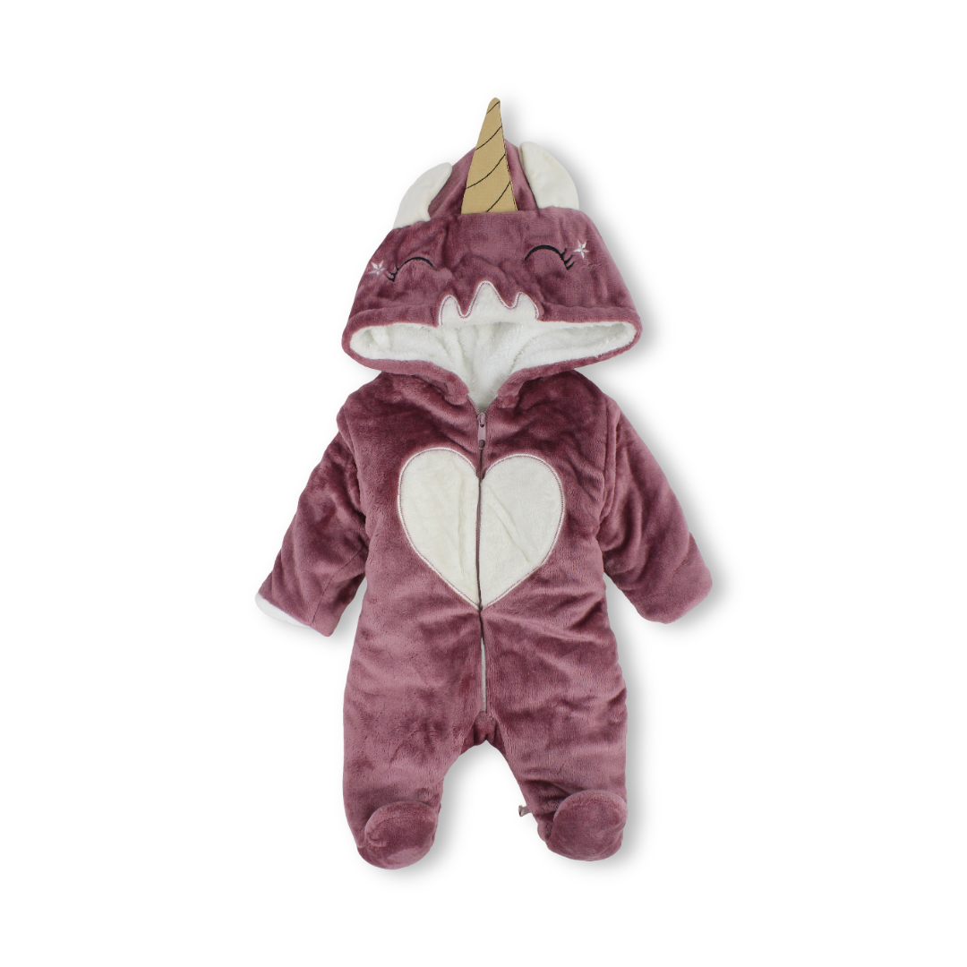 Baby Girls Fleece Hooded Baby Footie – Dusty Pink with Unicorn Design